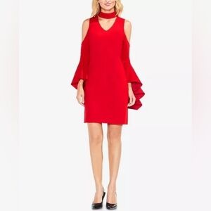 New Vince Camuto Red Choker Bell Sleeve Cold Shoulder Holiday Party Dress Size M